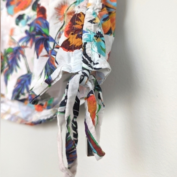 Mango Tropical Print Ruffle Cap Sleeve Cotton Top Ruched Side (Mango 6 = US S) - Picture 7 of 8